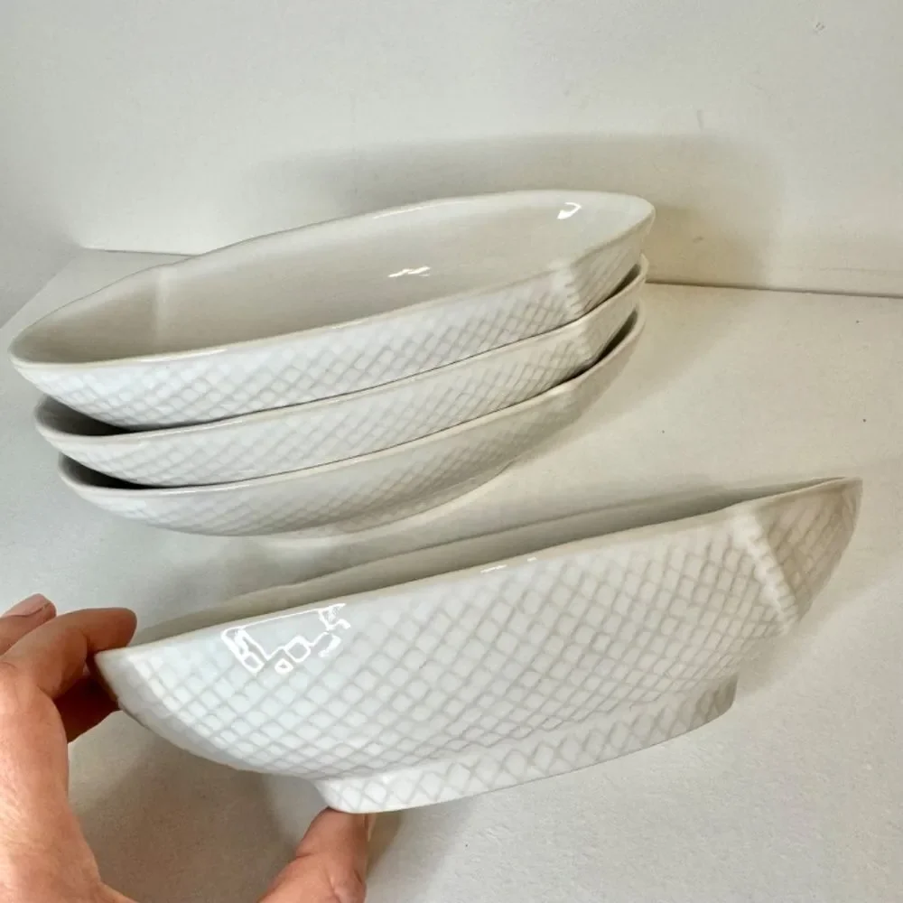 Pottery Barn 8 inch Oval White Basketweave Serving Bowls - Set of 4